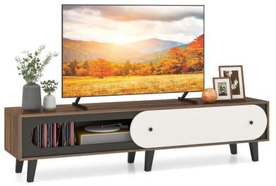 Costway TV Stand for 80 Inch TVs Mid Century Modern Entertainment Center with Sliding Door Cabinet-Walnut