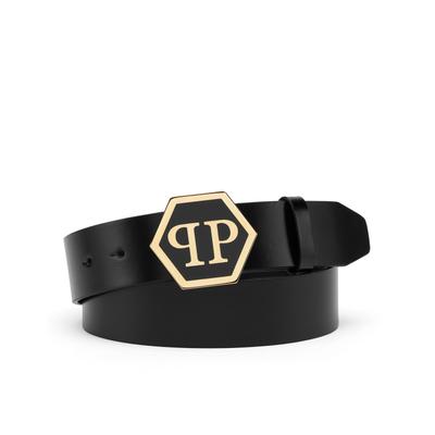 Ledergürtel PHILIPP PLEIN "Hexagon", Herren, Gr. 85, 0293, schwarz, lightgold, Gürtel Ledergürtel