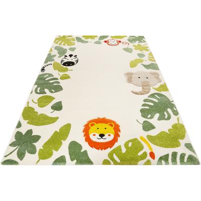 Kinderteppich ESPRIT "E-Safari ESP-21369" Gr. 4, weiß (sanftes weiß), B:160cm H:13mm L:225cm, Kunstfaser, Teppiche, Kinderteppich, Motiv Dschungel Tiere, Kurzflor