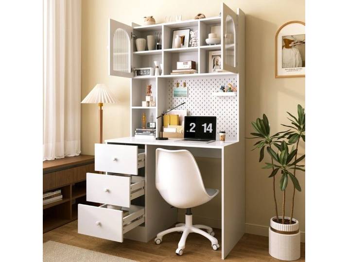 Bureau multifonctionnel blanc 100x55x180cm 3 tiroirs vitrine et armoire intégrée pour bureau et chambre