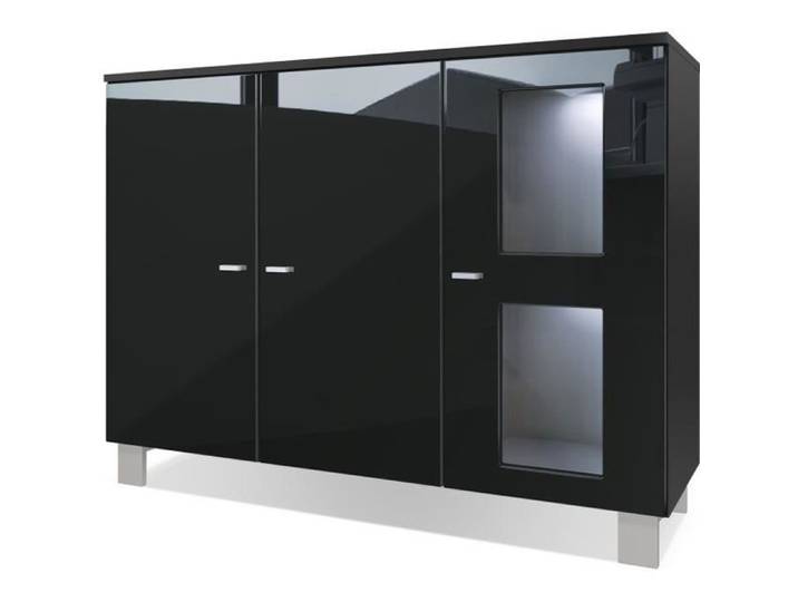 Vladon Buffet Armoire Denjo Corps en Noir mat - Façades en Noir haute brillance avec éclairage LED en Blanc