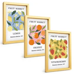 BILDER SET 3er Set - 20x30 cm Goldrahmen - Fruchtposter Zitronen Erdbeeren