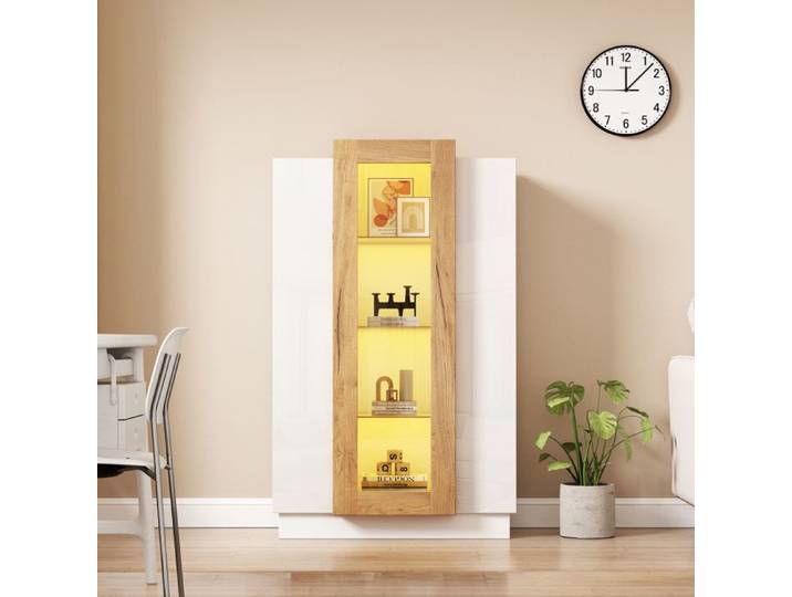 Vitrine LED - - 74x40x120cm - Bibliothèque avec Éclairage RGB via App - Meuble de Rangement Blanc et Bois