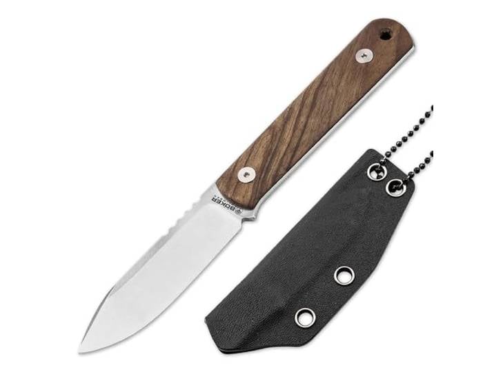 BÖKER SOLINGEN® BFF Packlite Walnuss – EDC Neck Knife mit feststehender 6,5 cm Klinge – Skelett-Messer extra leicht mit Holz-Griff - Halsmesser handgemacht mit Kydex-Scheide – Made in Germany