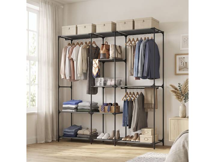 HOMCOM Armoire Textile Portable 3 Tringles 5 Étagères Noir 182cm