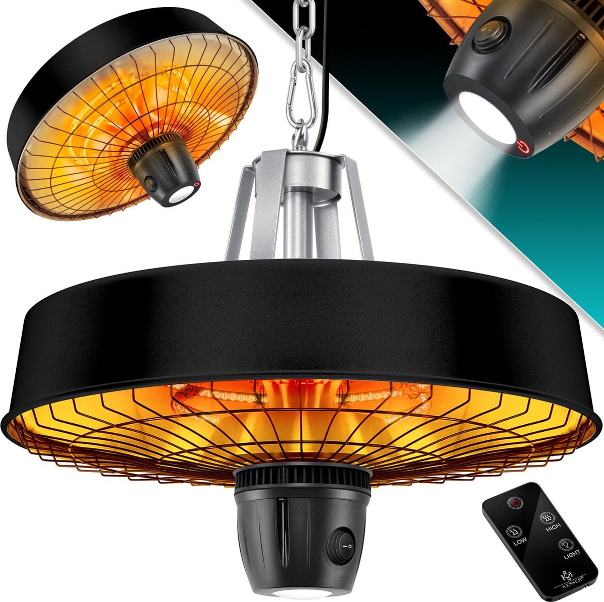 KESSER Elektrische Terrasverwarmer met LED-licht en Afstandsbediening, Infrarood Plafondstraler, 2500W, Zwart