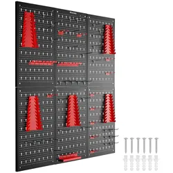 TecTake GmbH tectake 6 Teile Werkzeuglochwand JONAH, Metall, 240 x 60 cm, 53 Haken und Halterungen, solide Konstruktion, platzsparend, schwarz/rot