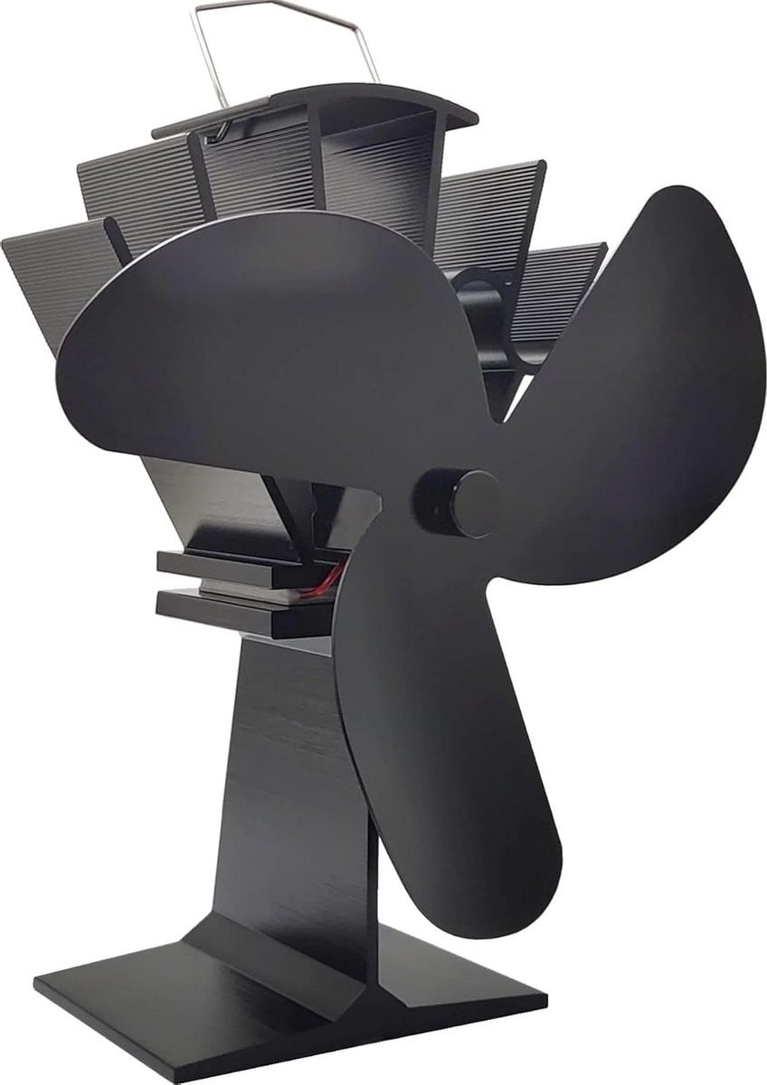 Zwarte 3-blads warmteaangedreven houtkachel ventilator van metaal
