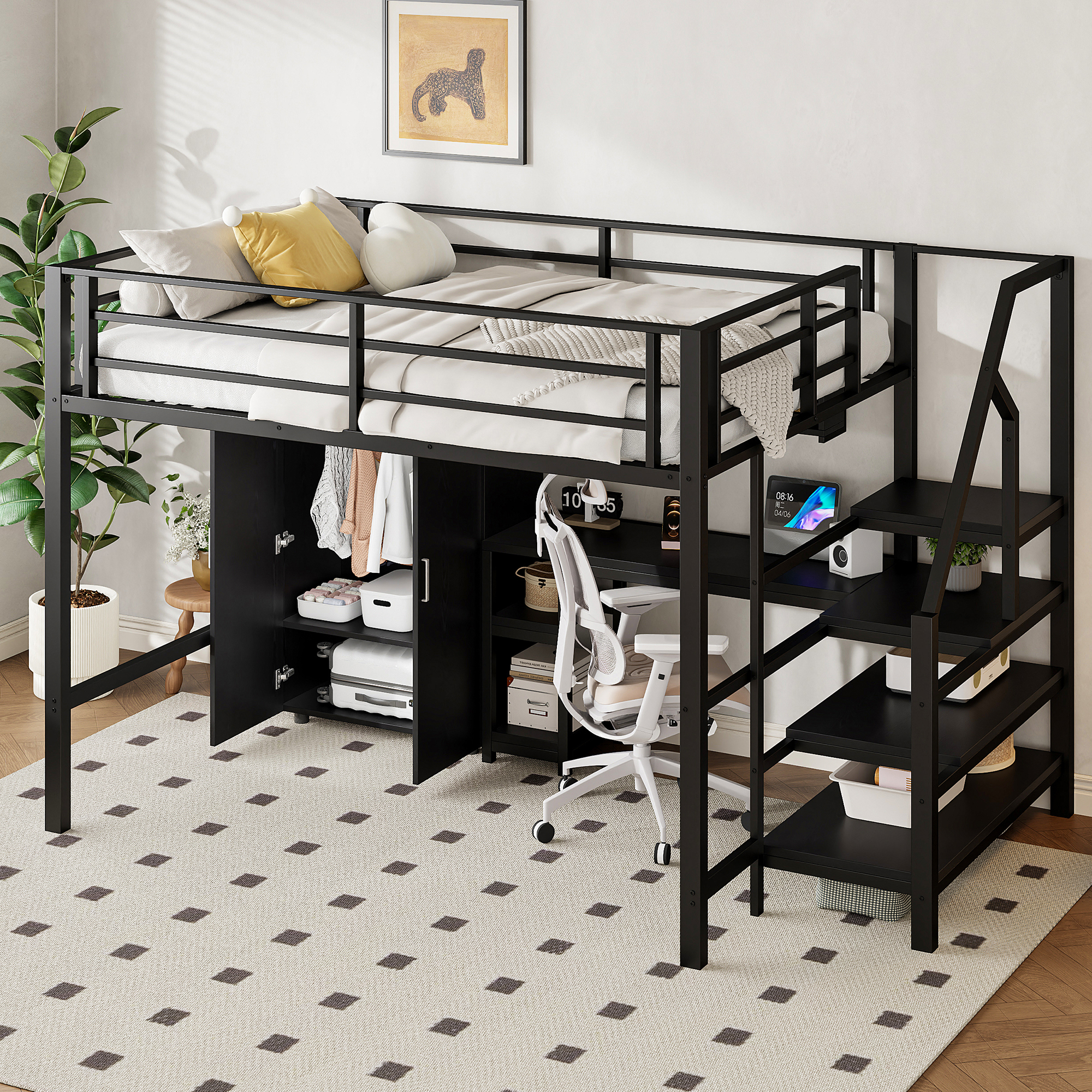 Kinderhochbett mit Schrank, Regalen, Schreibtisch, ohne Matratze, 140x200cm, Schwarz