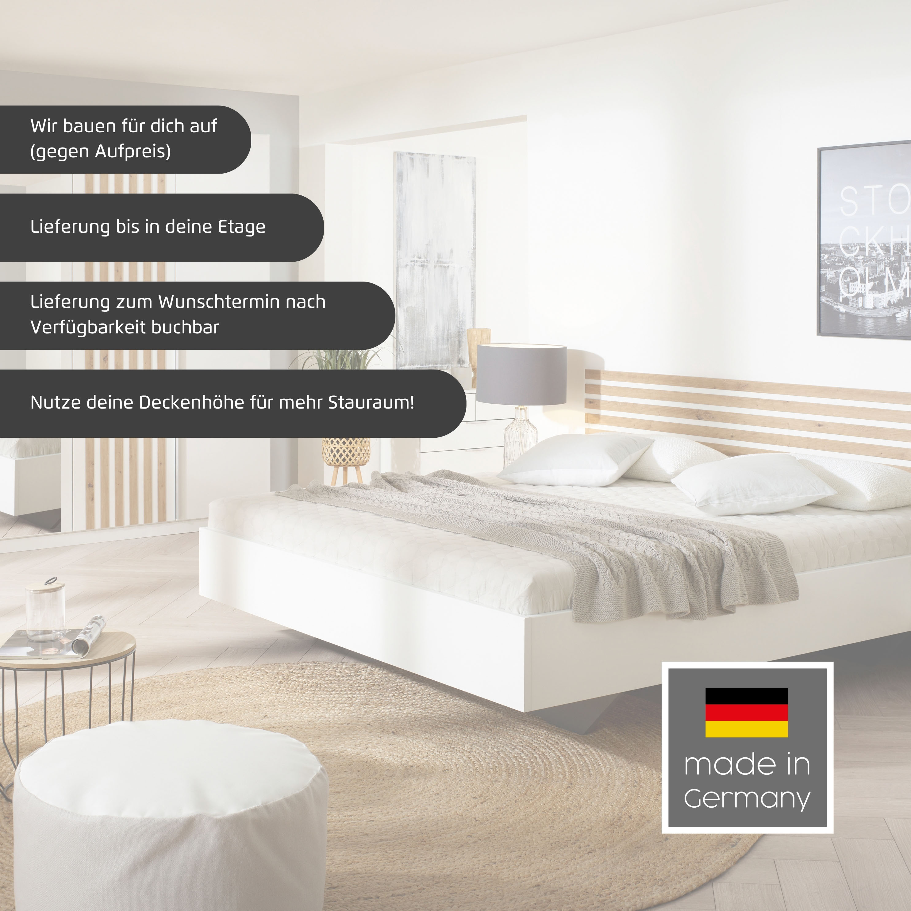 rauch "Komplettzimmer Komplett Set Schrank 226 cm Bett 160/180 cm LAMELLA" Set, 3 verschiedene Ausstattungen BASIC/CLASSIC/PREMIUM (inkl. SOFT-CLOSE), 4 tlg. tlg.