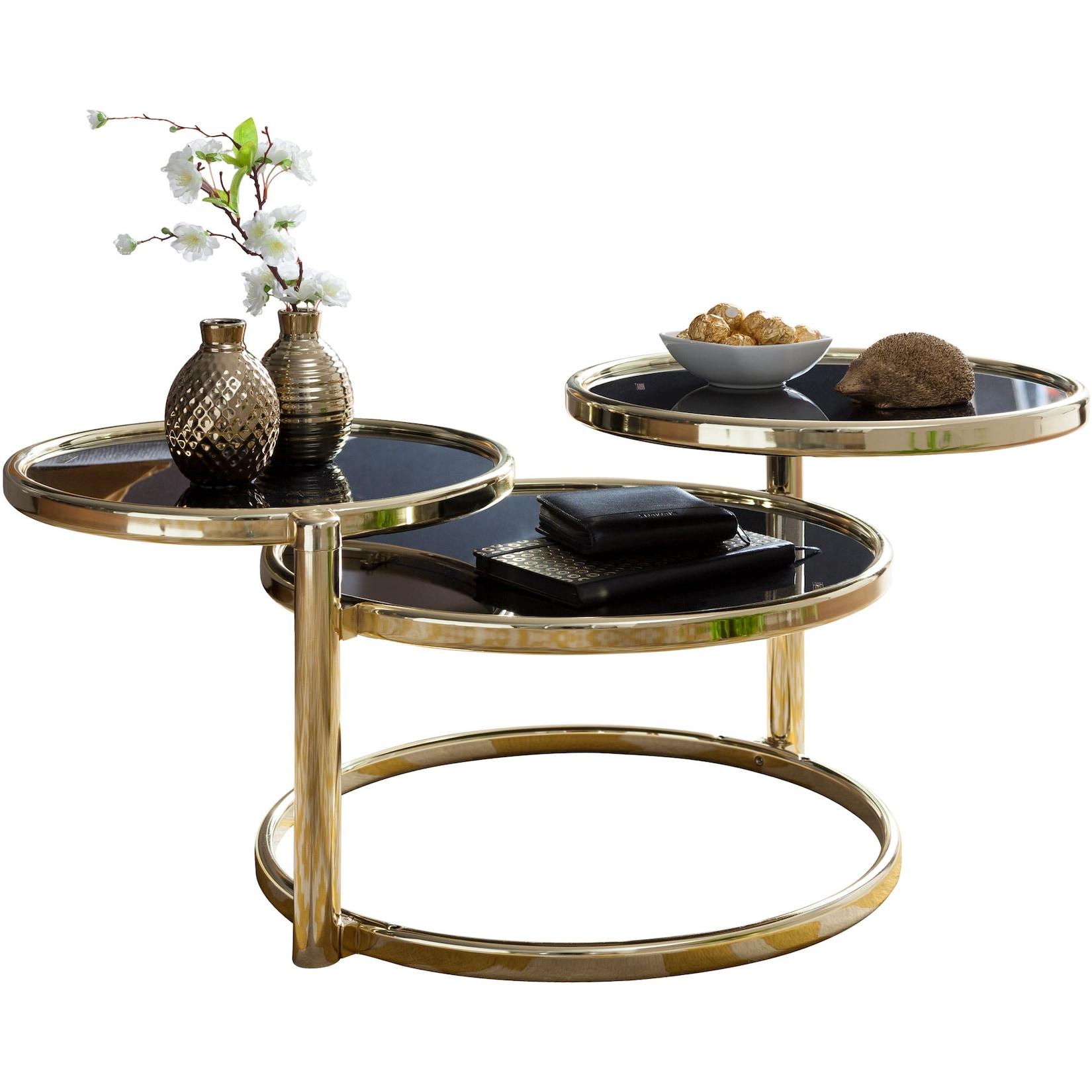 KADIMA DESIGN Runder Glastisch: Schwenkbare Glasplatten, Stahlgestell, 58-139 cm breit, Ø 38-47 cm, spiegelnde schwarze Glasplatten.
