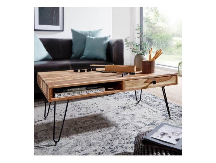 KADIMA DESIGN Couchtisch Couchtisch BAGLI Massiv-Holz Akazie 110 cm breit Wohnzimmer-Tisch, Design Metallbeine Landhaus-Stil Beistelltisch