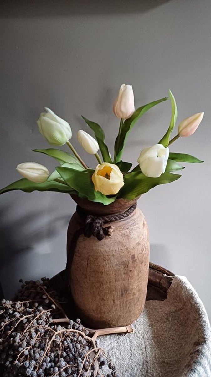 Sally Vermeer kunsttulpen boeket met 7 yellow/green tulpen, 31 cm