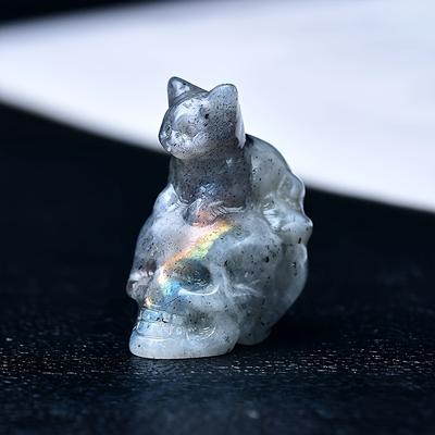 Lush Living Finds Natural Crystal Skull Cat Figurine, Hand Carved For Halloween Decor & Gift Ideas blue Opal