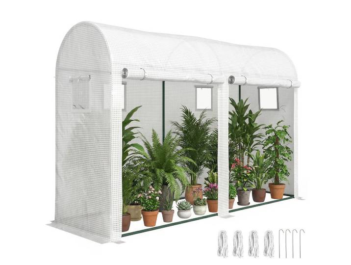 ComfortXL Gewächshaus De-12080 mit 2 Türen & 4 Fenstern Weiß, Metall, 100x200x300 cm, Gartenzubehör, Gartenhäuser & Gewächshäuser