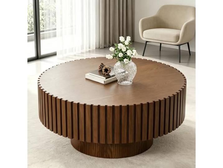 WUPDPQS Brown Runder Geriffelter Couchtisch, B 80cm Für Wohnzimmer, Holz Geriffeltes, Modernes Trommel-Design, Stabiler Sockel, Beistelltisch Für kleine Räume, Wohnungen Büro