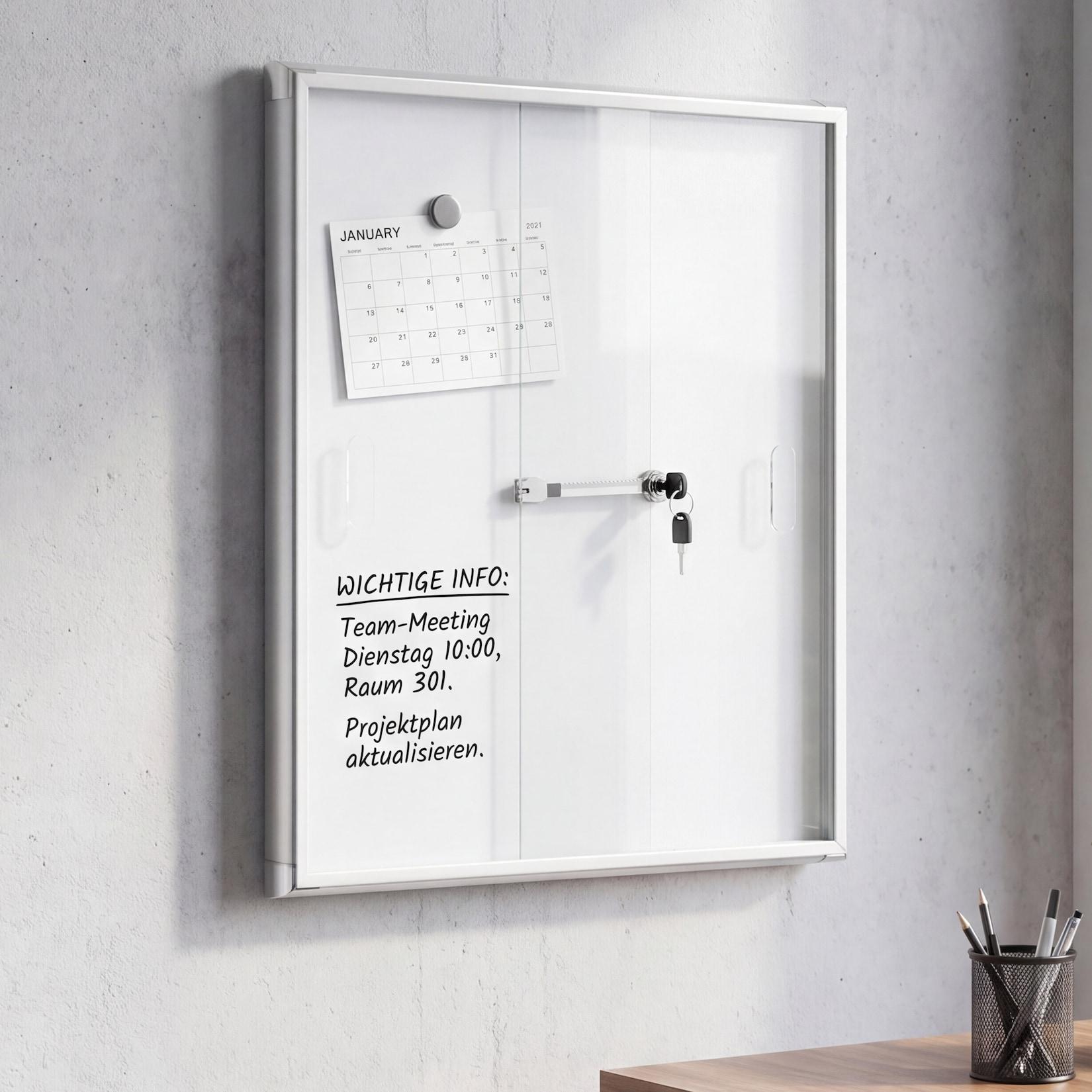 Schaukasten MCW-Q50, Magnettafel Whiteboard Memoboard Pinnwand, Aluminium abschließbar inkl. Zubehör 66x47x9cm