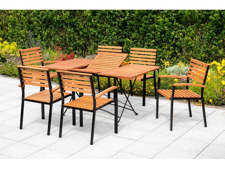 Garten-Essgruppe MERXX Schloßgarten , braun, B:59,5cm H:87cm T:56cm, FSC-zertifiziertes Massivholz, Stahl, Sitzmöbel-Sets, Garten-Essgruppe, 6 Stapelsessel, Klappausziehtisch