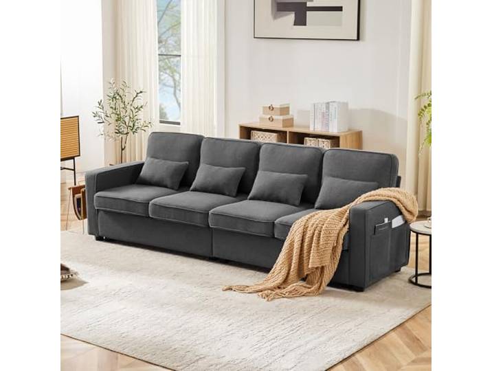 DUlVBPE Modernes 4-Sitzer-Sofa aus Stoff in Leinenoptik, Viersitzer-Sofa mit Armlehnentaschen und 4 Kissen, Sofa im einfachen Stil, geeignet für Wohnzimmer, Wohnung, Büro, 3 Farboption.