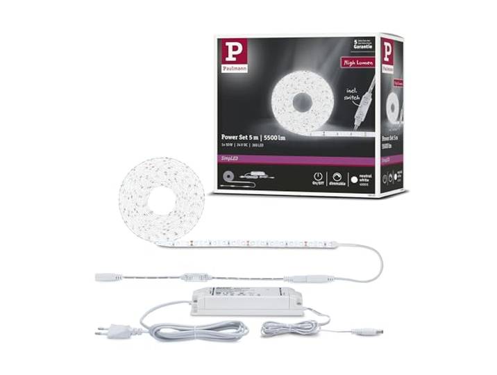 Kit SimpLED Power de Paulmann\, 5 m NW Kit prêt à l'emploi avec transformateur 50 W\, autocollant\, découpable\, IP20\, 5 300 lm