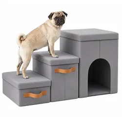 Relaxdays Faltbare Hundetreppe mit 3 Stufen Grau,Hellbraun