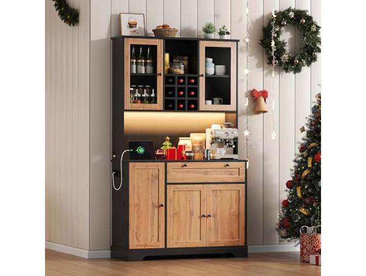 BTM Hochschrank mit LED, Gewürzregal, Küchen Buffetschrank Küchenschrank mit Arbeitsplatte Aufbewahrungsschrank mit Tür Holzfarbe