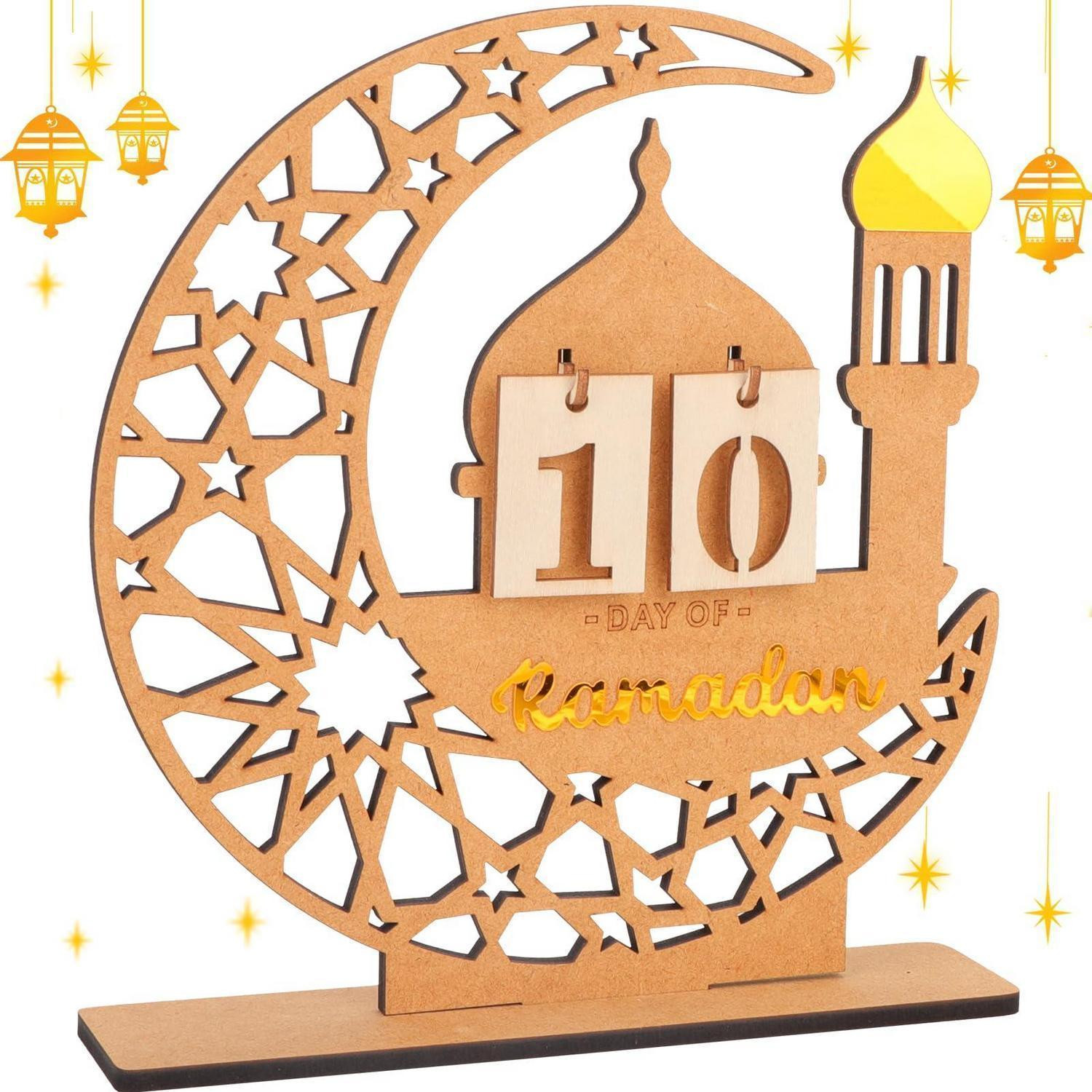 Ramadan Kalender 2026 met houten halve maan en moskee decoratie voor op tafel, 30-dagen aftelling met cijferplaatjes