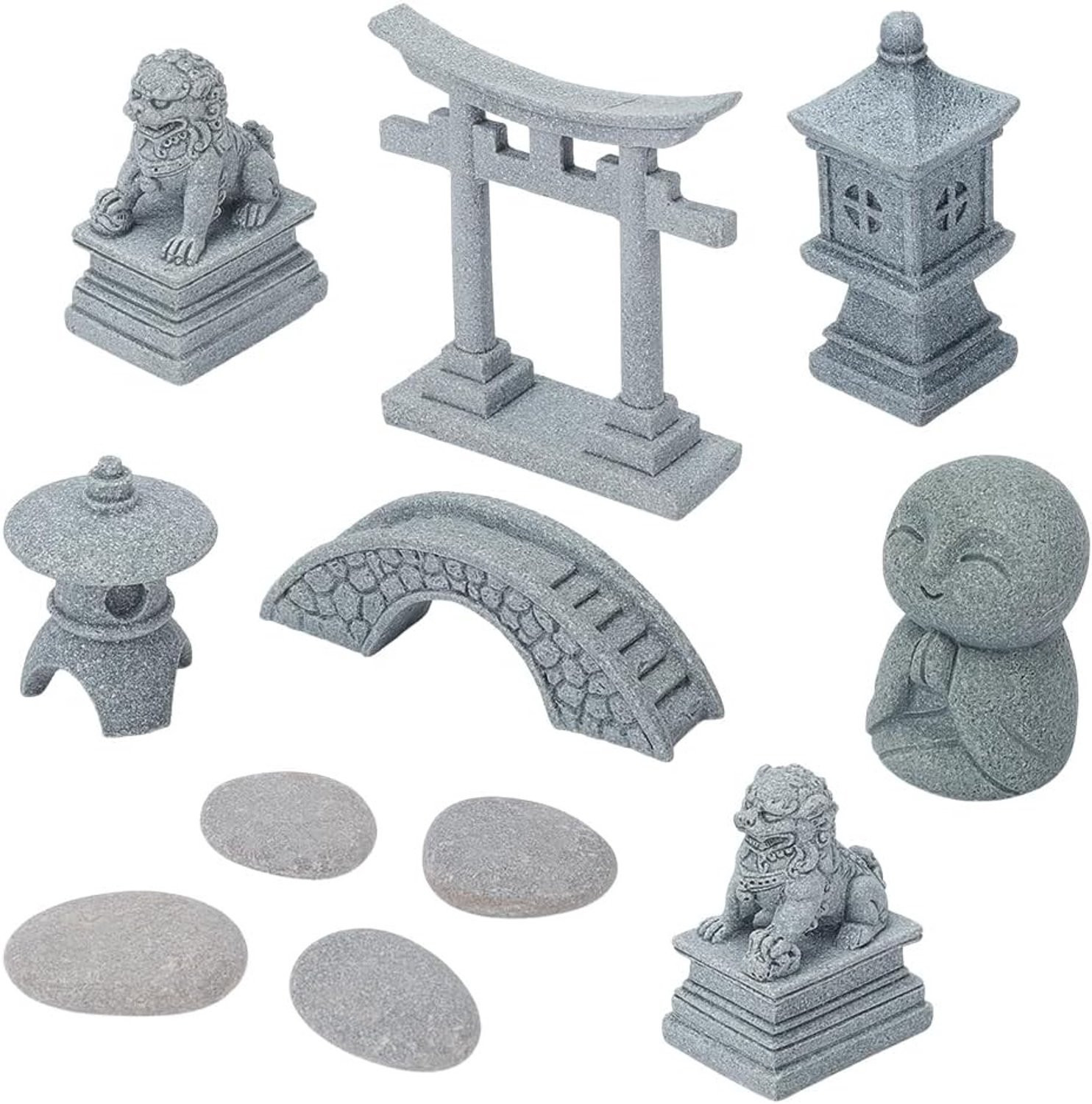 11-delige Mini Zen Tuin Accessoires Set met Decoratieve Figuren voor Micro Landschap en Vissenkom inclusief Leeuw, Brug en Pagode