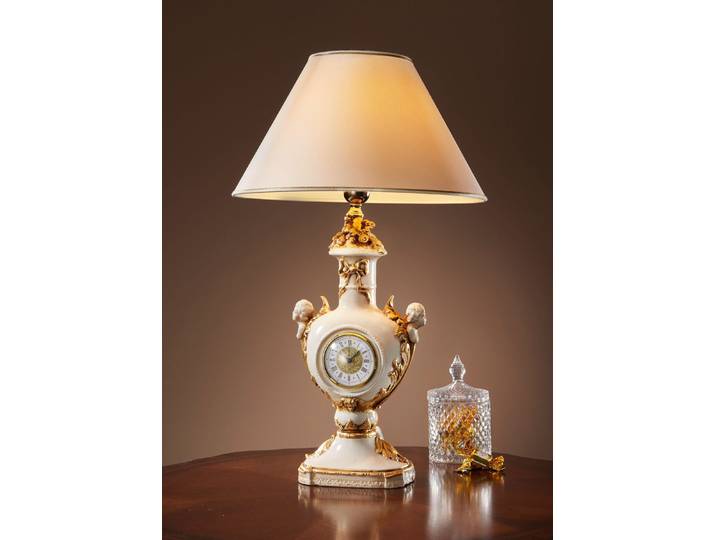 Handbemalte Tischleuchte mit Uhr, Creme-Gold
