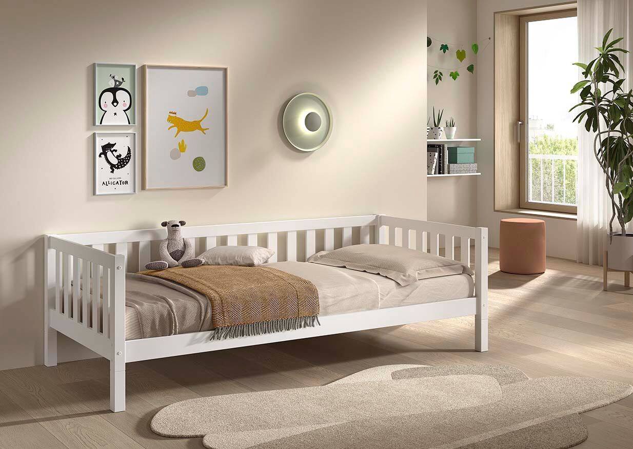 Kinderbett VIPACK "Dallas, Massivholzbett, umbaubar vom Boden- zum Daybett", weiss (kiefer weiß, kiefer weiß, kiefer weiß), B:97cm H:66cm L:210cm, Betten, Kinderbett, stabil und standfest gebaut, wahlweise Kiefer massiv natur oder weiss kiefer weiß, kiefe