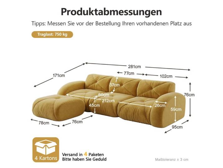 BEL Fauteuil d'angle canapé modulable 3 places canapé avec repose-pieds base antidérapante sans montage requis jaune pour salon