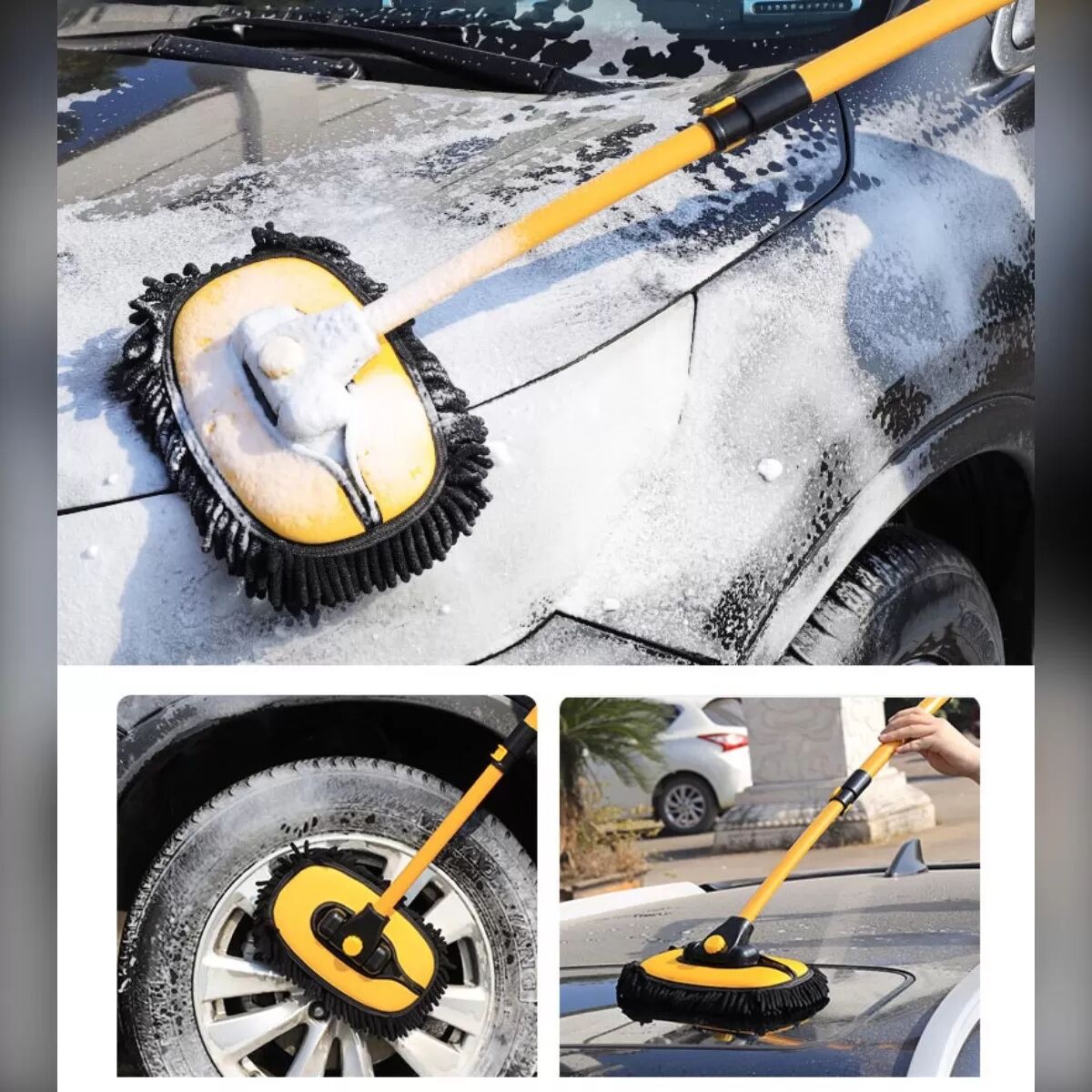 INF Teleskopischer Auto-Waschmopp mit 15° gebogenem Bürstenkopf, Plüsch-Mikrofaser und Aluminiumlegierungsgriff, dreiteilig Blau