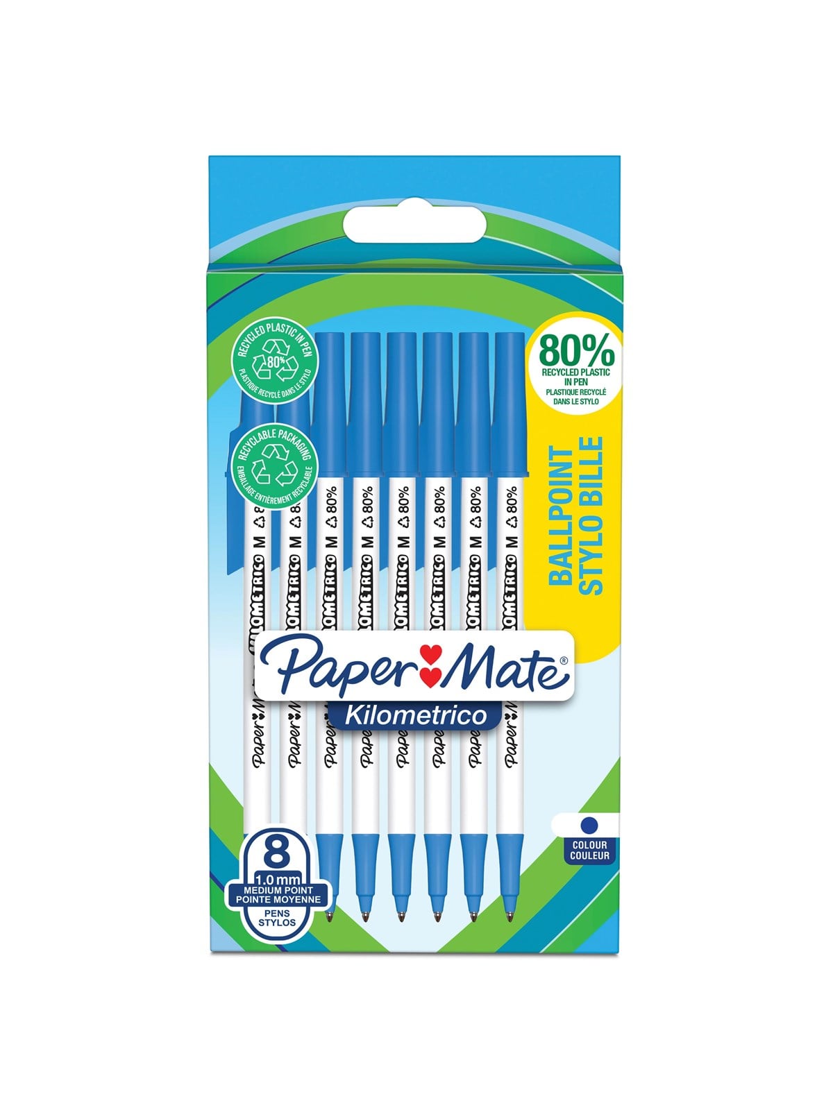 Paper Mate Kilometrico Kugelschreiber | lange Schreibdauer mit mittlerer Spitze (1,0 mm) | blaue Tinte | 80 % recyceltes Plastik | 8 Stück