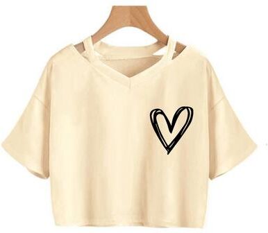 Universal Stock Heart Print Drawstring Crop Top For Women Slim Fit Graphic Tee kaqi s