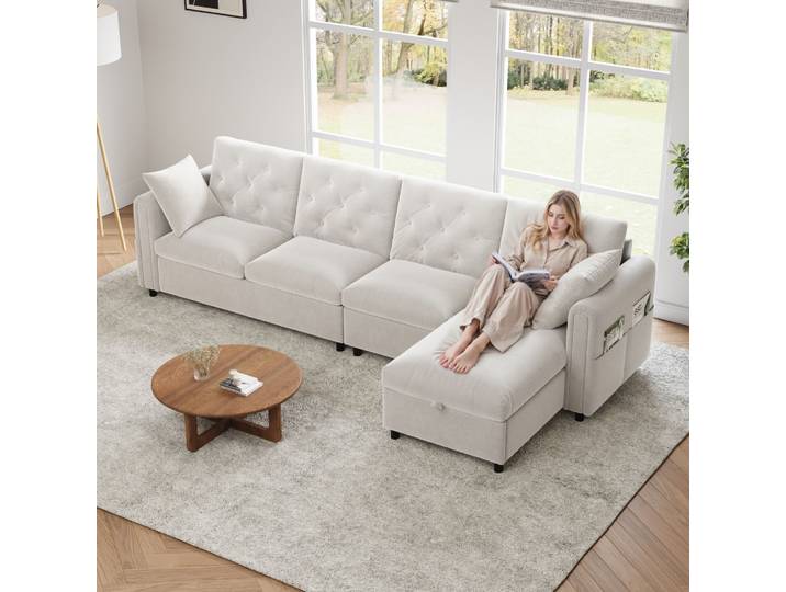 Canapé moderne en velours avec rangement dans la zone d'angle, rangement en forme de L dans la zone d'angle réglable gauche et droite, accoudoirs latéraux