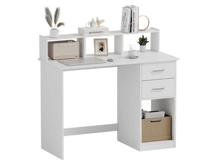 Bureau Blanc 105x48cm Bureau avec Rangement et Tiroirs Étagères Blanc Blanc BUREAU