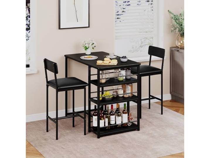 Thaookte Bartisch Set 3-Teilig, Bartisch Mit Barhocker Set Küchentisch Mit Stühlen Für Küche, Esszimmer, Bistro, Etc. Esstisch Und 2 Stühle Mit Rückenlehne Und Polsterung, Schwarz