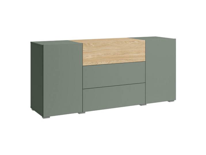 P & B Sideboard Berlin, Eiche, Salbeigrün, Kunststoff, 4 Fächer, 3 Schublade(n) Schubladen, 150x68x38.5 cm, Fsc, stehend, spiegelbildliche Montage möglich, Wohnzimmer, Kommoden & Sideboards, Sideboards