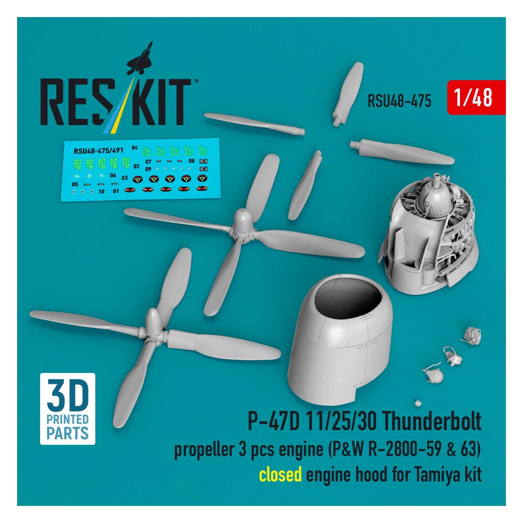 ResKit P-47D 11/25/30 Thunderbolt propeller (3 pcs), engine (P&W R-2800-59 & 63) closed engine hood for Tam (RSU48-0475)