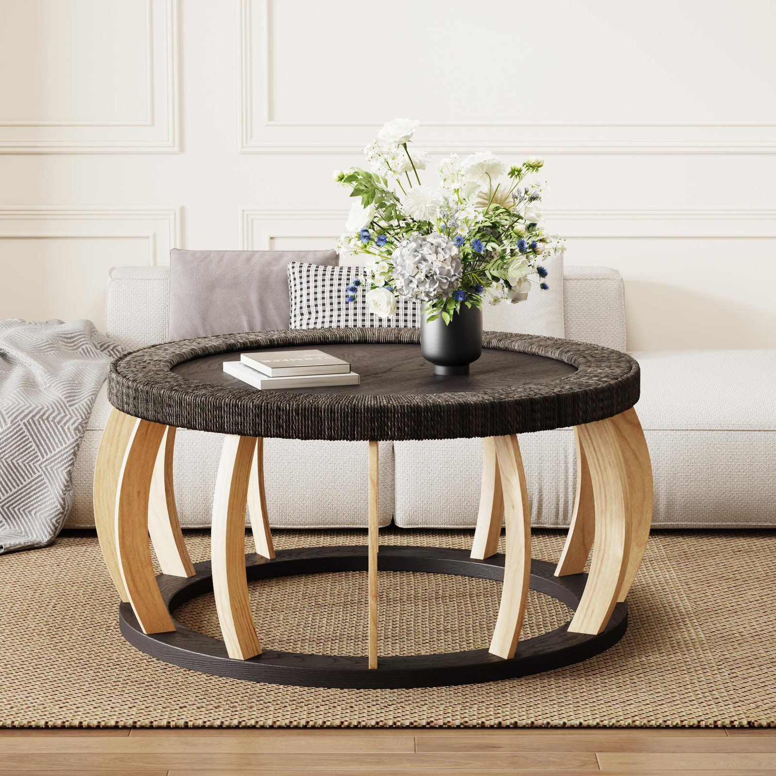 STILVORA Ronde salontafel van massief hout met riet in vintage boho-stijl