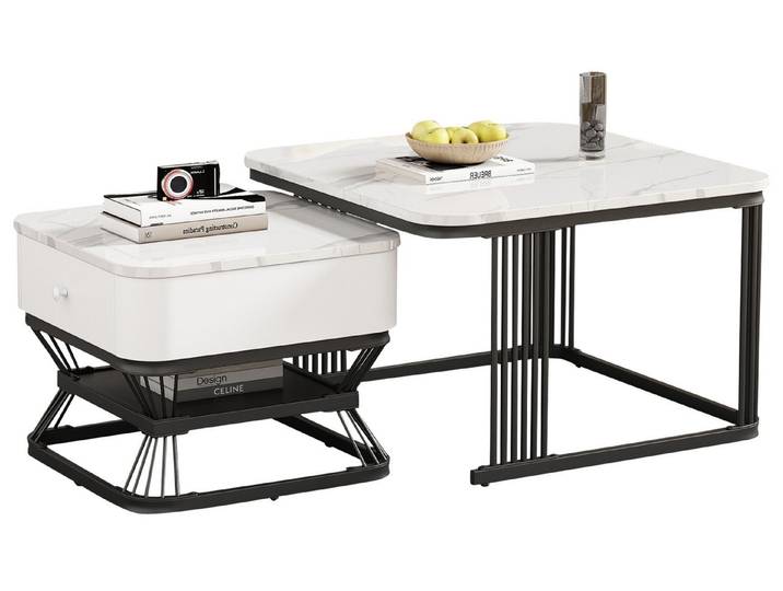 SeedWave Couchtisch 2-Teilige Stapelbare Satztische mit Tischplatten in Marmoroptik, 1 Schubladen, Glas-Ablageboden, Hochglänzende Tischplatten