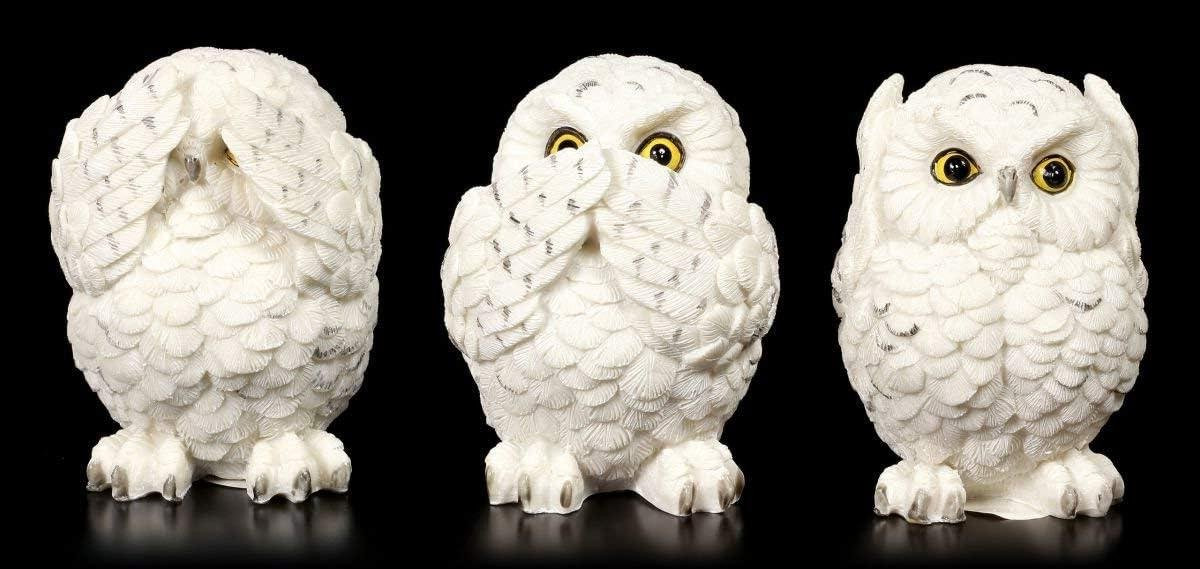 Drie uilen figuren Niet kwaad zien horen zeggen handgeschilderde decoratie wit Hoogte: 8 cm