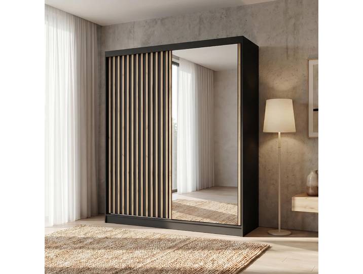 BEAUTYSOFA Kleiderschrank DONATELLO 180 cm Schwarz/Artisan mit Spiegel und Lamellen Schwebetürenschrank modern