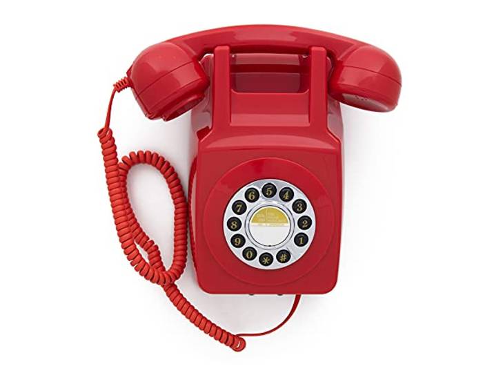 GPO 746 - Téléphone Fixe Rétro à Bouton- Poussoir Mural - Cordon Extansible\, Sonnerie Authentique - Rouge