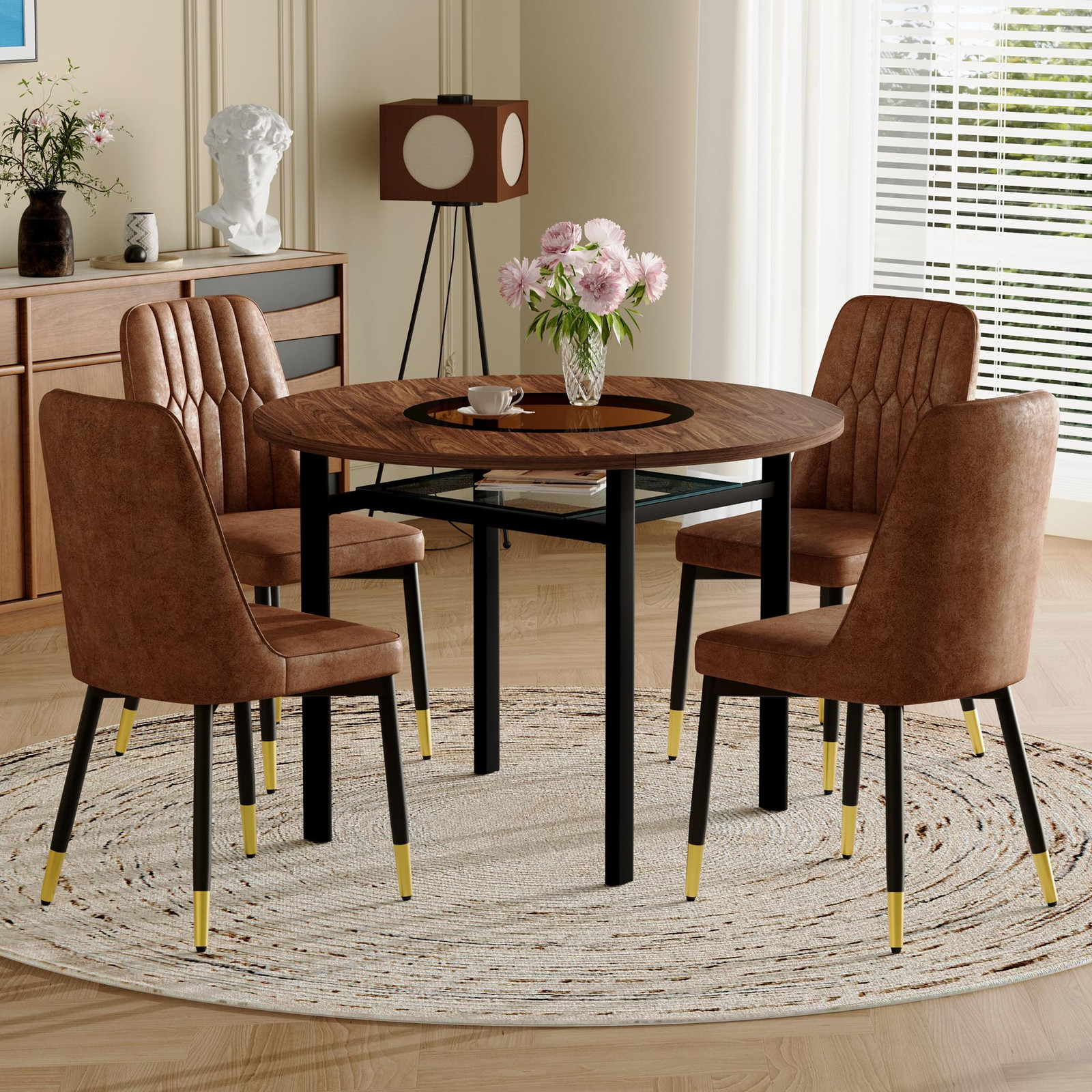 STILVORA Eetset met ronde houtlook tafel en 4 stoelen van technisch textiel, bruin