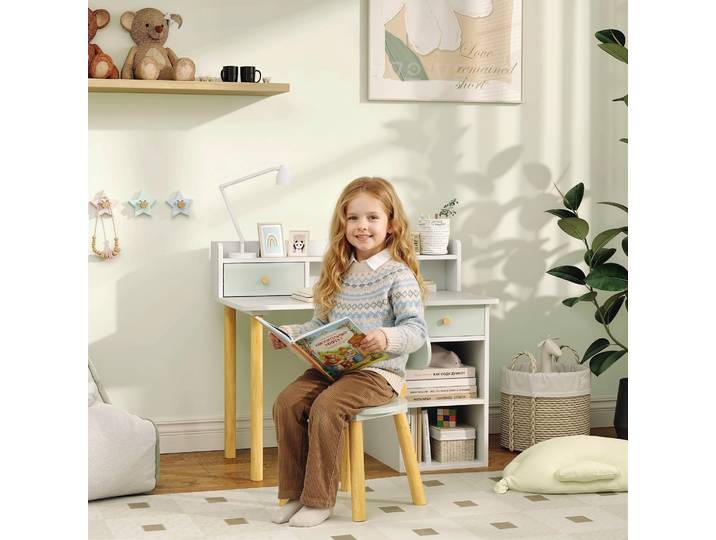 AIYAPLAY Bureau Enfant Vert avec Chaise, 2 Tiroirs, Étagères 85cm