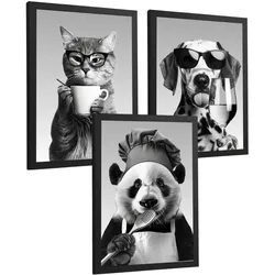 POSTER 3er Set Lustige Tiere Schwarz Weiß Wandbilder Katze Dalmatiner und Panda Koch Küche Wanddeko Rahmenlos A3