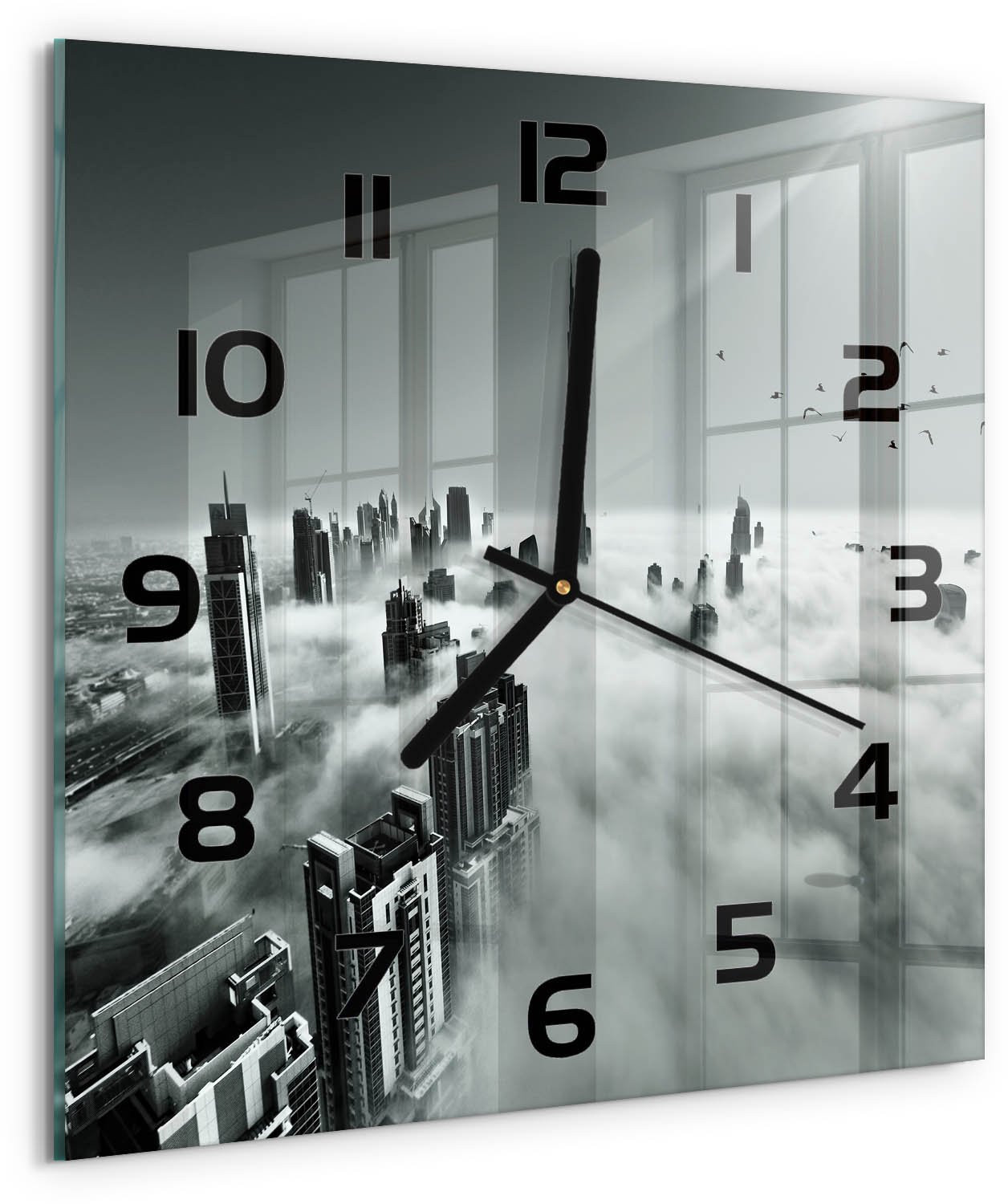 Tulup Wandklok Mist boven Dubai - Zwart-wit - 30 x 30 cm