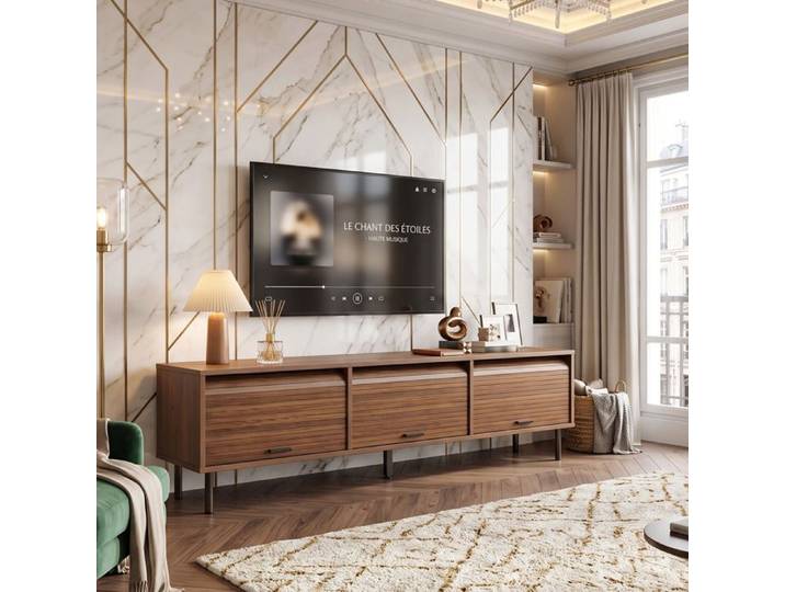 Meuble TV 180x40x55cm 3 Portes Coulissantes Gain de Place Grand Rangement 4 Niches