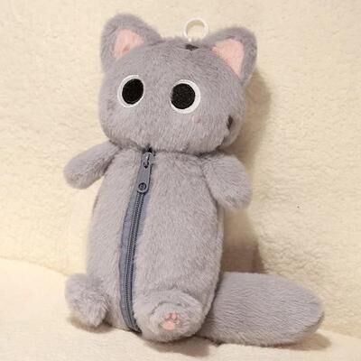 Uplift Essentials Plush Cat Pencil Case Large Capacity Stationery Bag gray